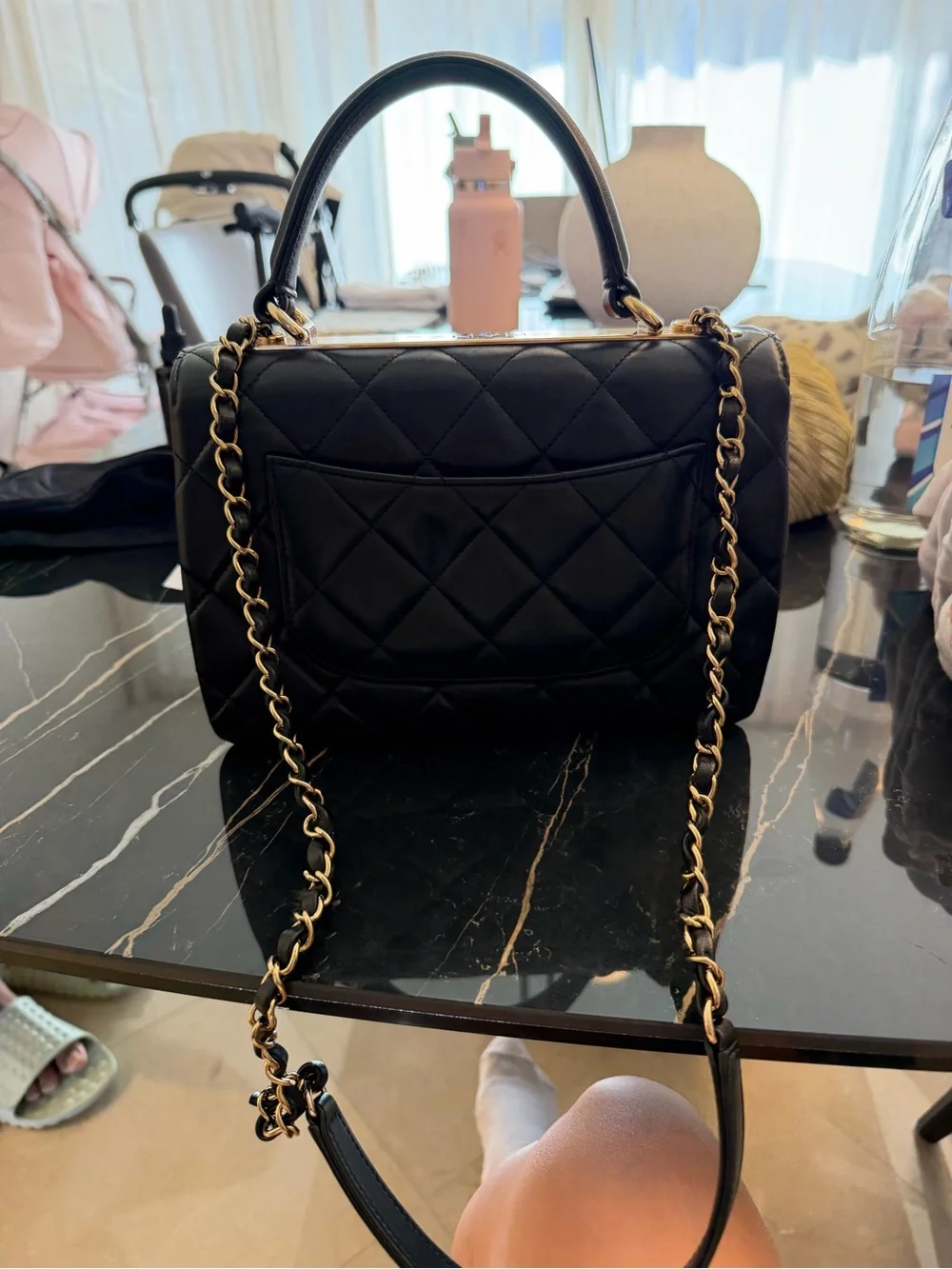 CHANEL CC LAMB SKIN  Black Quilted Top Handle Satchel with Gold CC Hardware